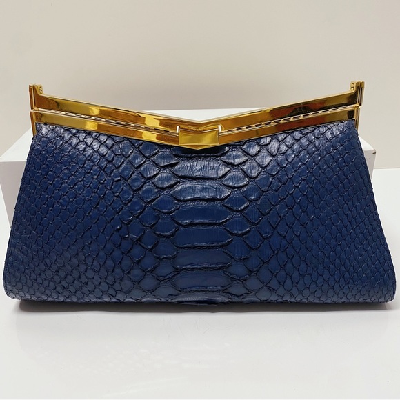 J. Mendel Paris Minuit Navy Blue Gold Python Snakeskin Top Handle Clutch Bag - Picture 3 of 11